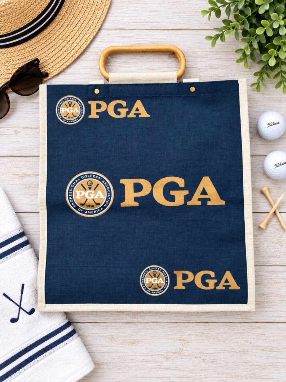 PGA Golf Navy Canvas Tote Bag Wooden Handles Vintage Style